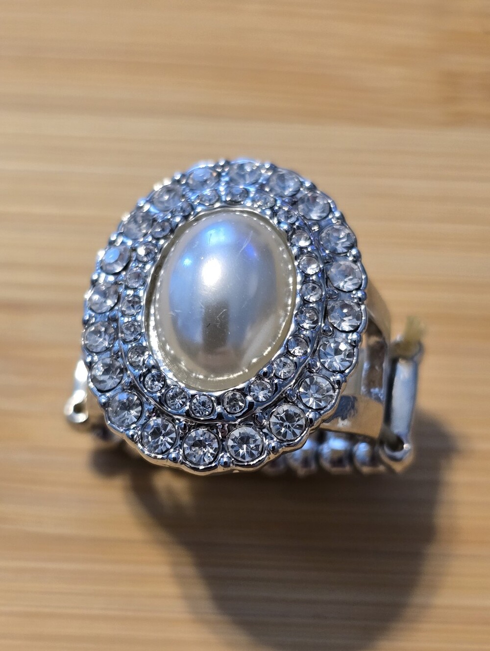 😇😇Silver White Faux Pearl Double Crystal Halo Statement Ring Vow To Wow